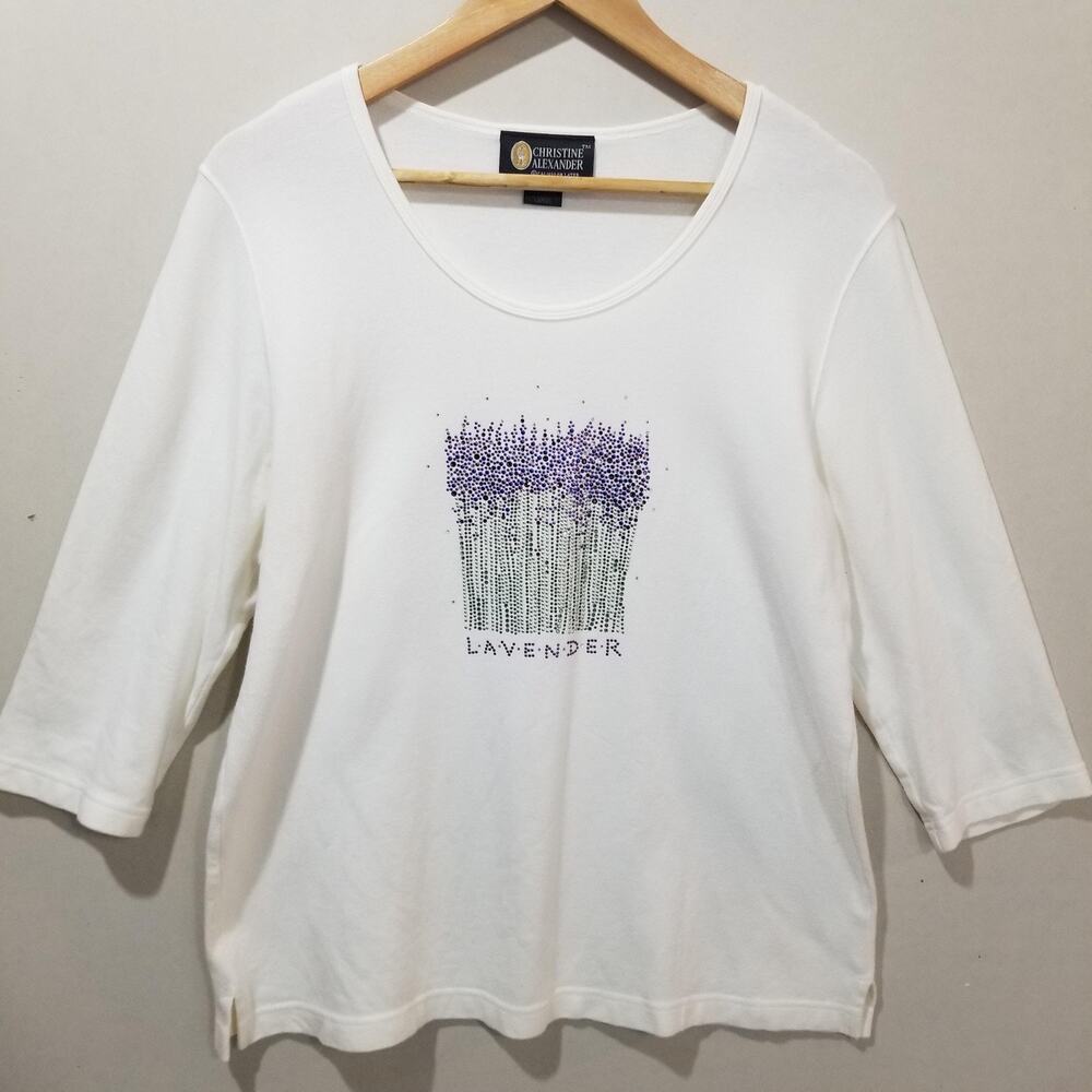 Christine Alexander Shirt Womens Large White Stud Artsy Lavender 3/4 Sleeve
